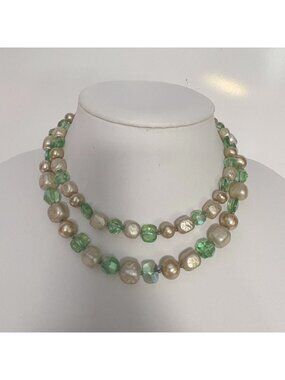Vintage Double-Strand Necklace with Green and Faux Pearl Beads Hook Clasp